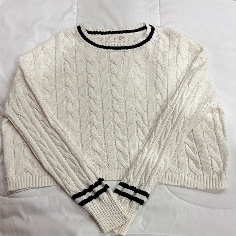 Cable Knit White Sweater with Black Trim